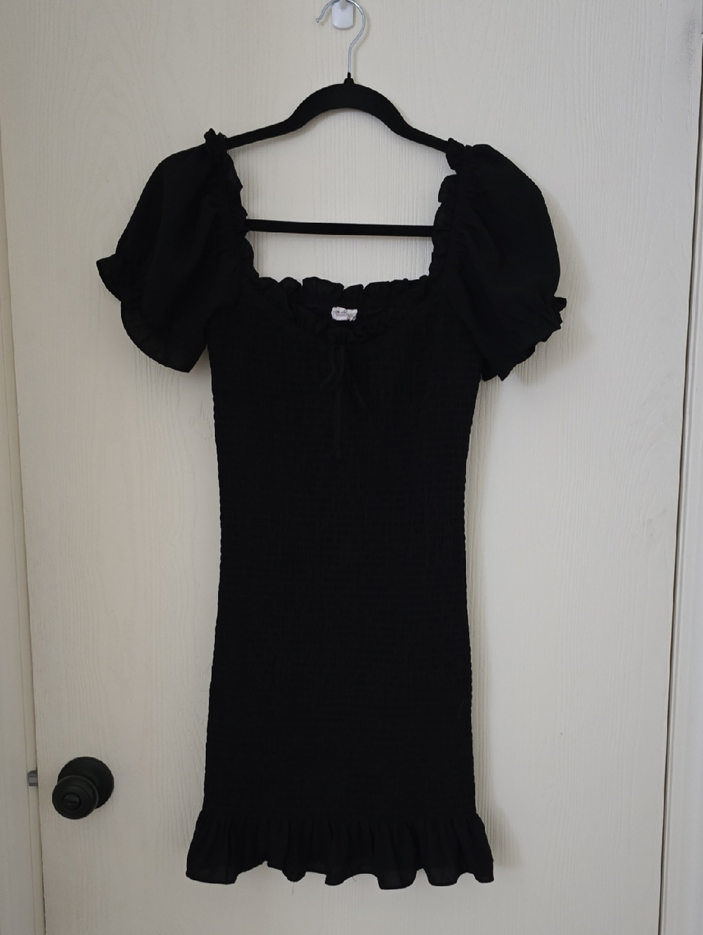 Cotton Candy Black Puff-Sleeve Smocked Mini Dress
